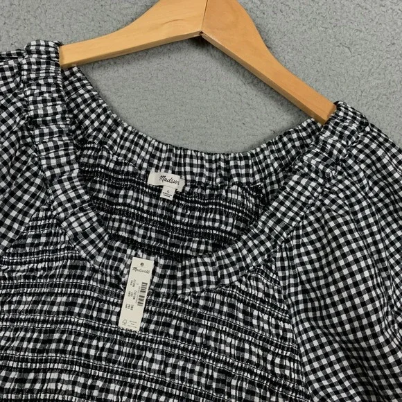 Madewell Mini Dress Size Large Black/White Gingham Smocked U-Neck Linen NWT $119 - Picture 3 of 11